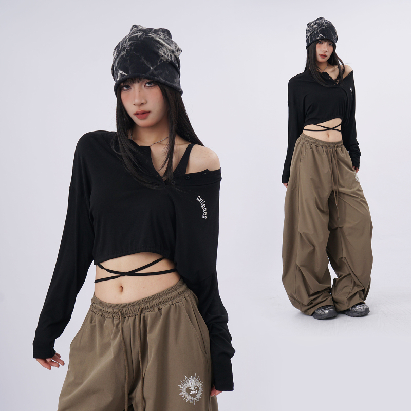 Hiphop Loose Lace-Up Waist-Cinching Loose Long-Sleeve T-Shirt Jazz Blouse for Women, Versatile Cross-Shoulder Trendy Top Hiphop Loose Lace-Up Waist-Cinching Loose Long-Sleeve T-Shirt Jazz Blouse for Women, Versatile Cross-Shoulder Trendy Top