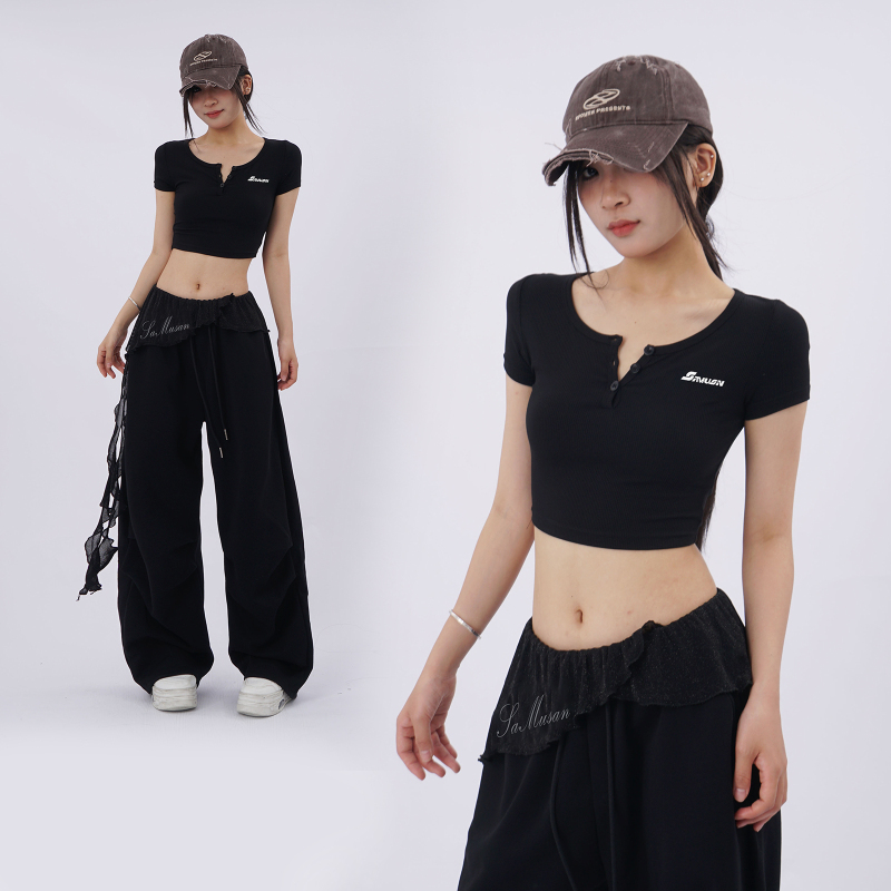 Henry Collar Black Crop Top Short-Sleeve T-Shirt for Women, Summer Slim Fit, Jazz Dance, Sexy V-Neck Top ins Henry Collar Black Crop Top Short-Sleeve T-Shirt for Women, Summer Slim Fit, Jazz Dance, Sexy V-Neck Top ins