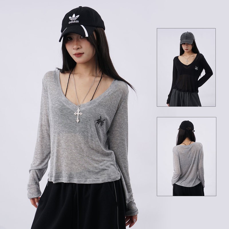 Street Dance Simple V-Neck Slimming Soft Long-Sleeve Blouse for Women, Jazz Dance T-Shirt, Trendy K-Pop Lazy Top