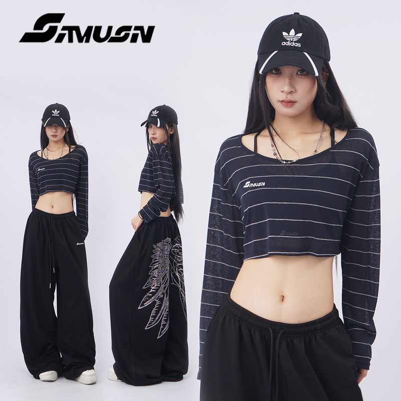 American-Style Striped Long-Sleeve T-Shirt, Loose Short Top for Jazz Dancing, K-Pop, Hip-Hop, Sporty, Sexy, Crop Top, Sun Protection Cover-Up
