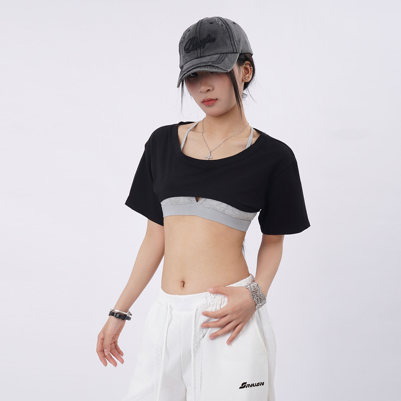 Street Dance Black Short-Sleeve T-Shirt for Women, Cropped, Revealing Midriff and Chest, Loose Yoga Cover-Up, Jazz Sexy Top ins