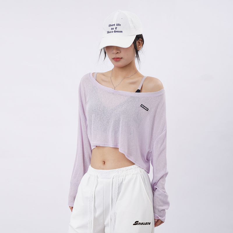 Navel-Baring Short Purple Long-Sleeved Sports Cover-Up, Lazy and Relaxed Style, Jazz Hottie Off-The-Shoulder Sun Protection Sheer Top