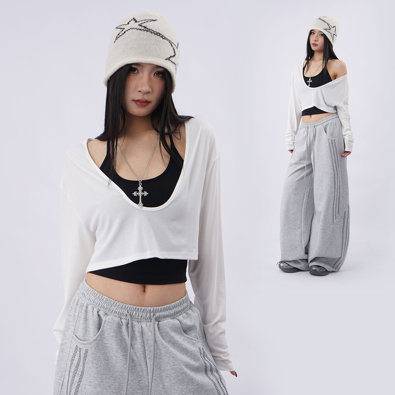 Jazz Dance Street Style Long-Sleeve T-Shirt for Women, Short Crop Top, Off-Shoulder, Thin, Sun-Protective Cover-Up Top