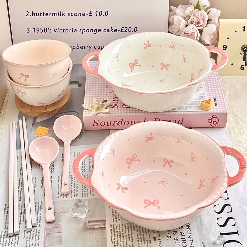 Bowknot Ceramic Double-Handle Bowl Pink Household Tableware Set Large Capacity Soup Bowl Snail Noodle Instant Noodle Bowl ins Style