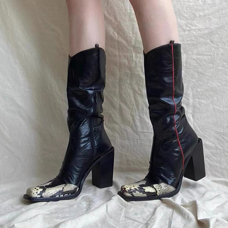 European and American Retro Stitching Snakeskin Fashion Boots for Women 2024 New Thick High Heel Square Toe Side Zipper Versatile Boots Trendy European and American Retro Stitching Snakeskin Fashion Boots for Women 2024 New Thick High Heel Square Toe Side Zipper Versatile Boots Trendy