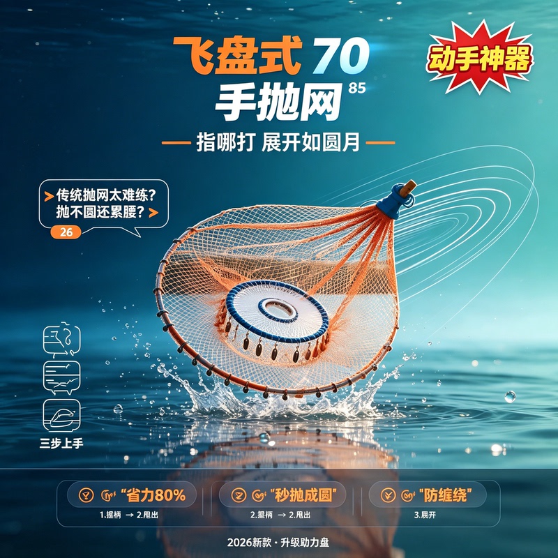 New Model Automatic Positioning Hand-Thrown Fishing Net, Durable Net with Iron Chain, Suitable for Clear and Muddy Water, Disc-Style Net