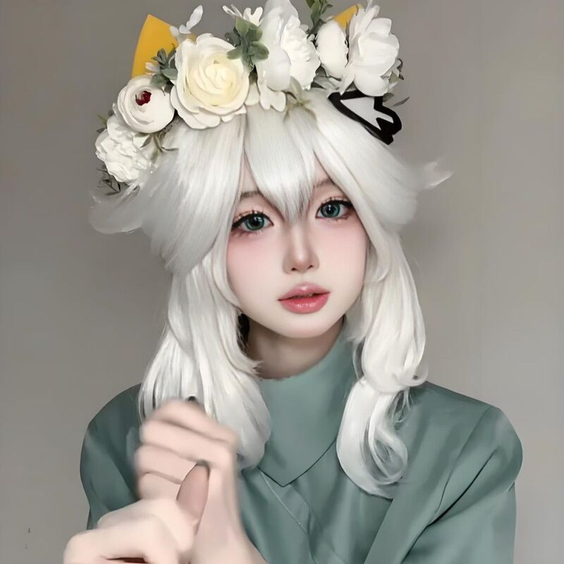 Light Encounter Flower Ring Cosplay Light Encounter Wig Pure White Long Straight Anime Hairpiece with Scalp Top Sweet Anime Full Head Wig
