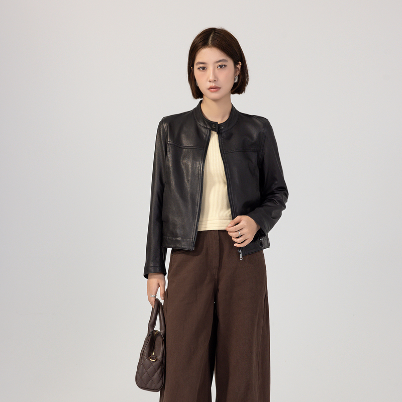 2026 New Model Haining Genuine Sheepskin Short High-End Black Stand Collar Leather Jacket for Women, Short Biker Jacket 2026 New Model Haining Genuine Sheepskin Short High-End Black Stand Collar Leather Jacket for Women, Short Biker Jacket