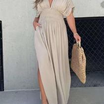 skirt waist Solid bat slit sleeves V-neck color elastic