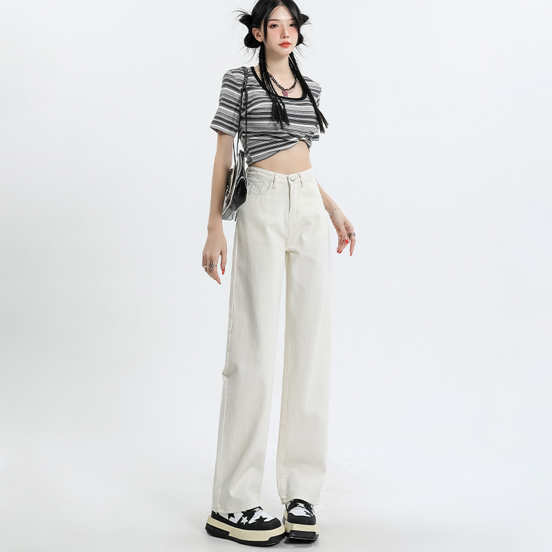 Rice white small sub narrow version straight cylinder jeans female autumn winter high waist loose feeling wide leg towering pants-Taobao