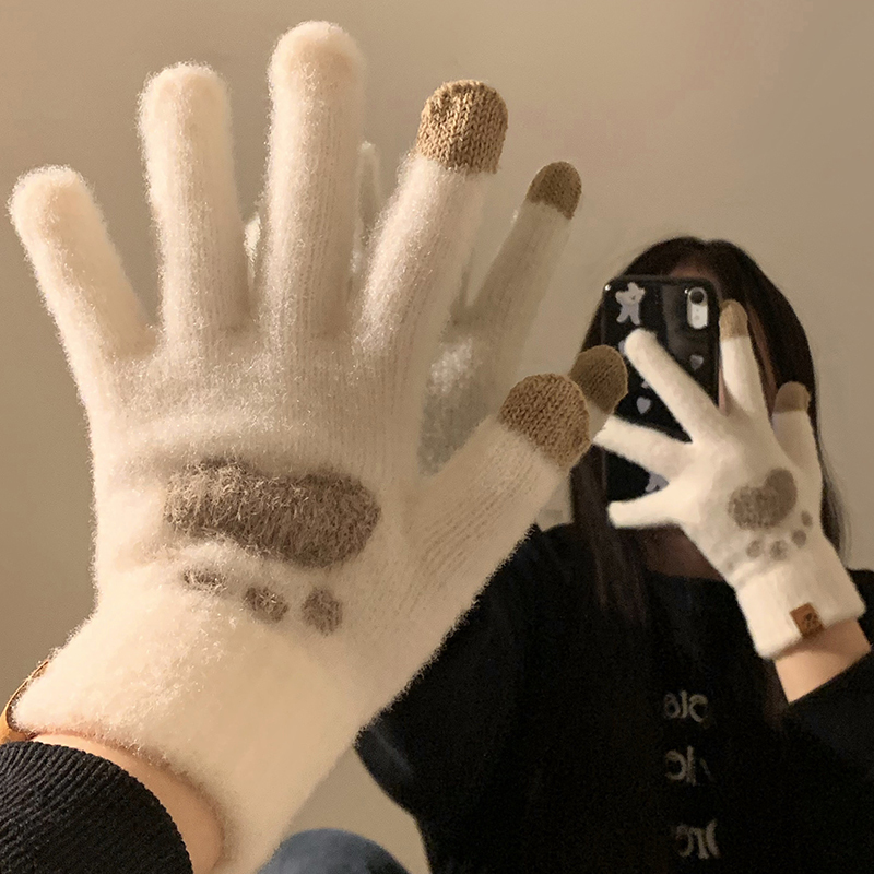 Cute Cat Paw Touch Screen Plush Knitted Five-Finger Gloves for Women, Winter Warm Fleece-Lined Thickened Gloves for Students, Cycling, and Cold Protection Cute Cat Paw Touch Screen Plush Knitted Five-Finger Gloves for Women, Winter Warm Fleece-Lined Thickened Gloves for Students, Cycling, and Cold Protection