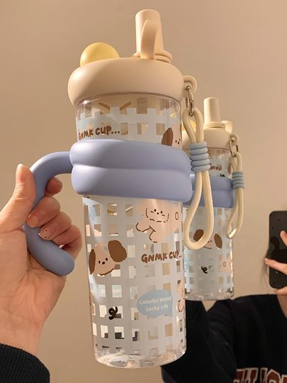 Giant Water Bottle for Girls, High Aesthetic Value, Large Capacity for Summer, Double Drinking Straw, Tea Container, Plastic Ice Cooler Cup