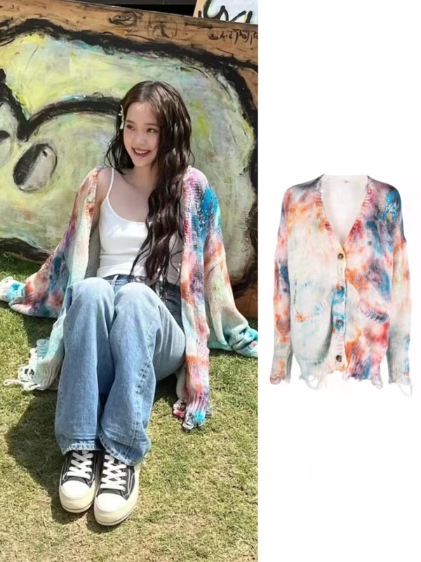 French Uamtor Ouyang Nana Meng Ziyi Peach Blossom Village Same Style Tie-Dye Knit Cardigan Oversize Style
