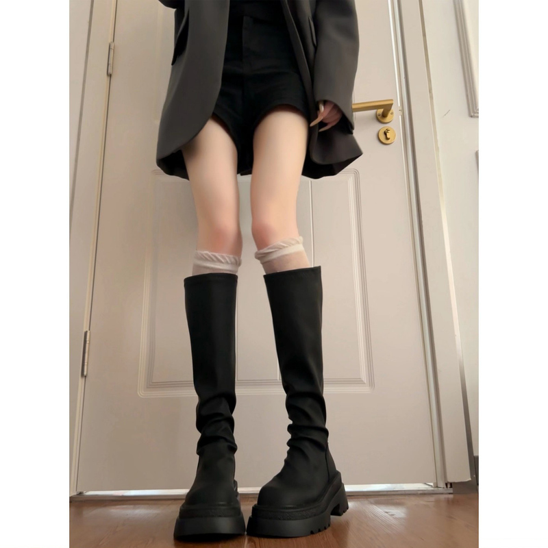 French Uamtor Thick-Soled Riding Boots for Women, 2026 Spring and Autumn New Style, Black, Petite, High-Top, Versatile Long Boots