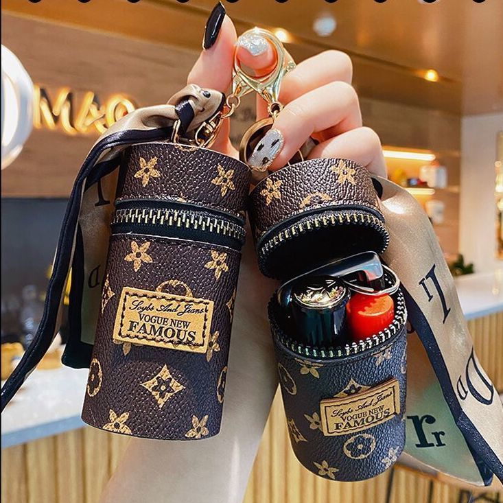 Mini Bucket-Shaped Lipstick Bag, Creative Leather Monogram Keychain, Exquisite Car Key Pouch, Vintage Earphone Case