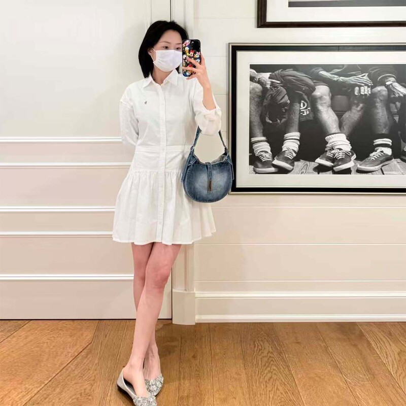 Pure Quality, La Jia Xiaoma Brand, 2026 Spring New Product, Oxford Cloth Patchwork Shirt-Style Single-Breasted Dress