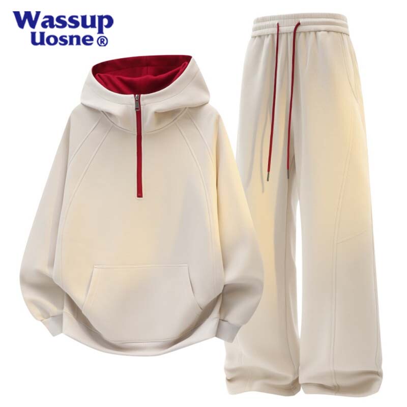 Wassup Uosne Autumn Long Sleeve Half-Zip Hoodie Loose Casual Sweatpants Set Versatile Two-Piece Set