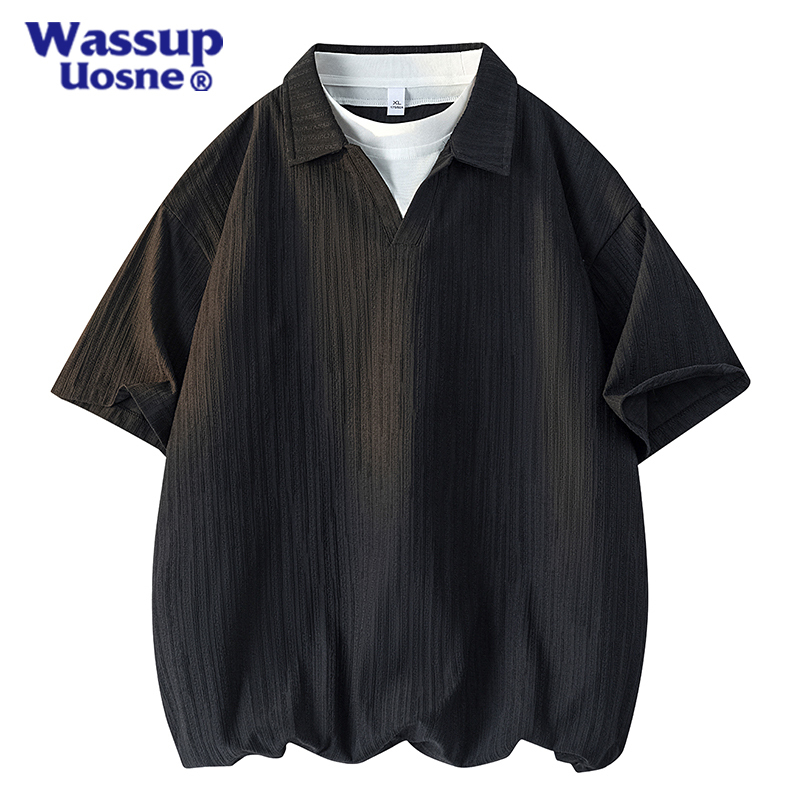 Wassup Uosne Textured Short-Sleeved Polo Shirt for Men, Cool-Feeling Fake Two-Piece T-Shirt, Loose Casual Quick-Drying Top