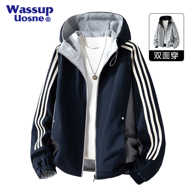 Wassup Uosne Reversible Hooded Jacket for Men, Spring and Autumn Casual Sports Three-Stripe Oversized American-Style Coat