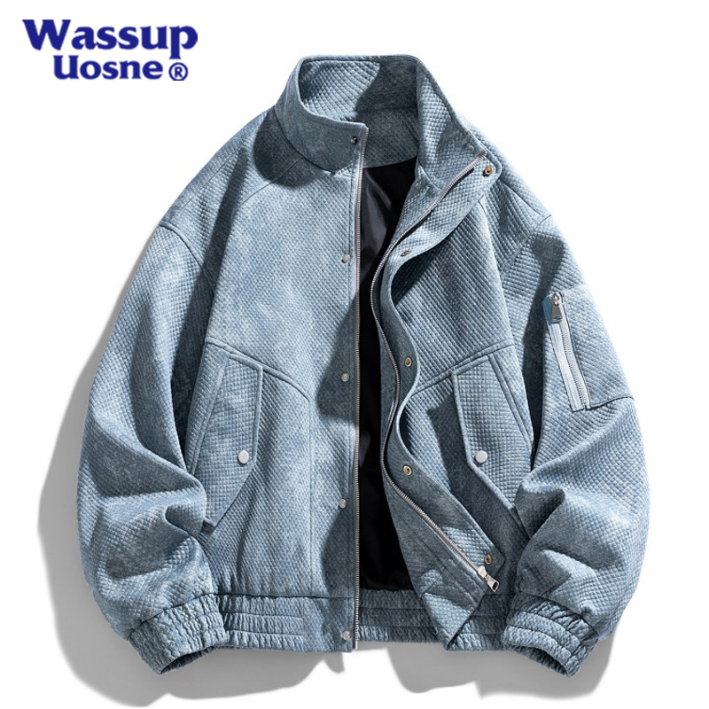 Wassup Uosne Large Size Jacket Men's Spring and Autum Jacquard Imitation Denim Workwear Loose Korean Style Men's Jacket