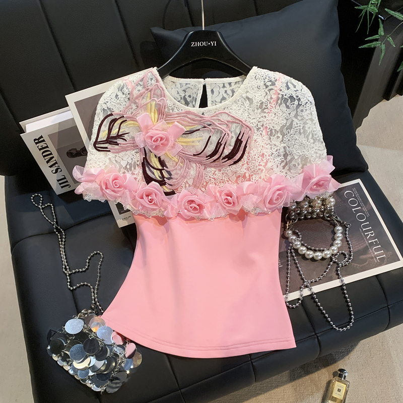 Zhouyi/Monday Design-Inspired Pink Lace Hollow-Out Three-Dimensional Flower T-Shirt for Women, Summer Elegant Short-Sleeve Top
