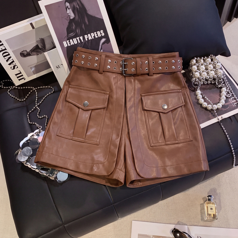 Zhouyi/周一 Retro American Workwear Style Pu Leather Shorts for Women, High-Waisted, Slimming, Fashionable, Casual, Versatile A-Line Skirt
