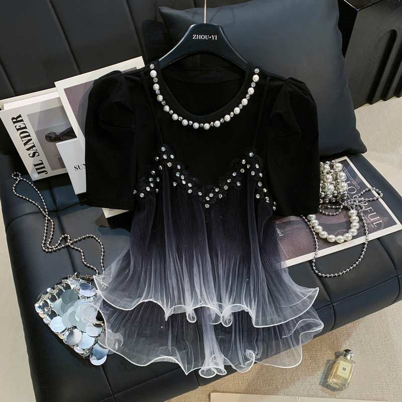 Zhouyi/Monday French-Style Black Rhinestone Gradient Mesh Fake Two-Piece Top for Women, Summer Elegant Patchwork T-Shirt
