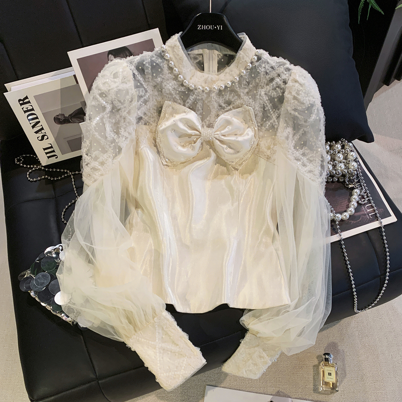 Zhouyi/Monday French-Style Elegant Bow Lace Mesh Long-Sleeve Top for Women, Autumn Temperament White T-Shirt