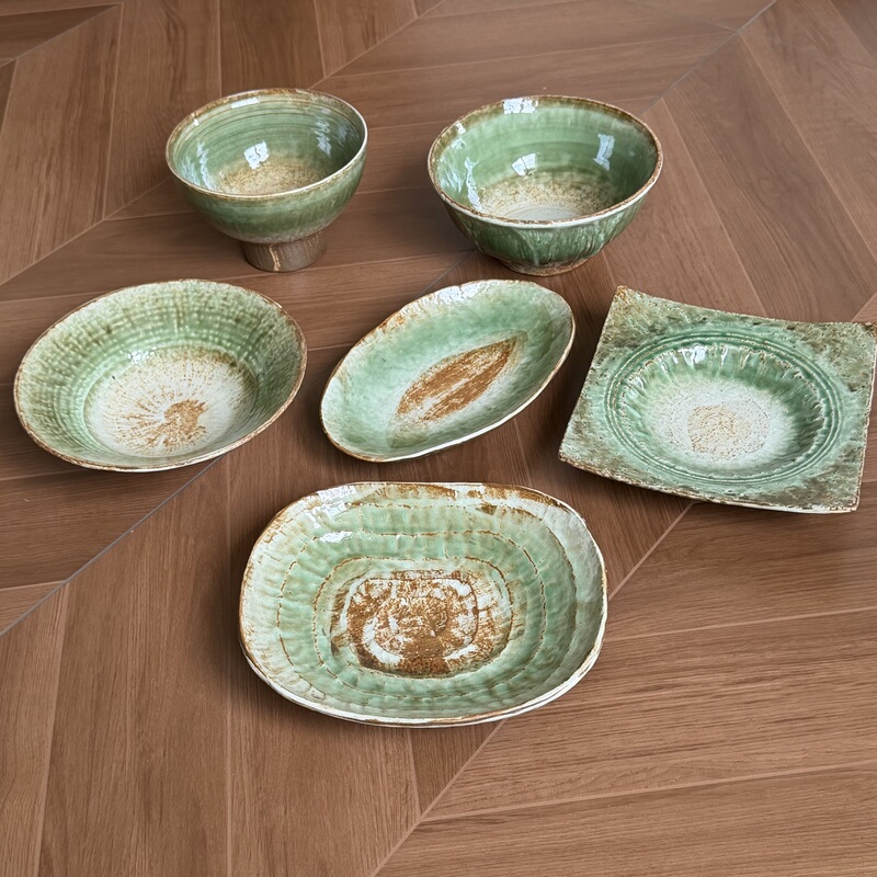 Boshangjia Handmade Ceramic Tableware Set Green Gradient Retro Bowls and Plates Home Kitchen Dishware Combination Tableware Plate Boshangjia Handmade Ceramic Tableware Set Green Gradient Retro Bowls and Plates Home Kitchen Dishware Combination Tableware Plate