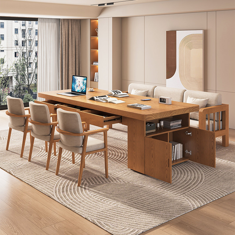 Integrated Living Room Desk, Solid Wood Desk and Bookshelf Combo with Drawers, Home Study Desk, Natural Wood Style Sofa Desk