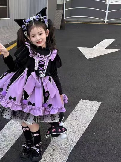 Kuromi Herbst und Winter langärmeliger samtverdickter Lolita-Tutu-Rock für Damen. Kinder-Cos-Performance-Kostüme für Damen-Frühlings- und Herbströcke