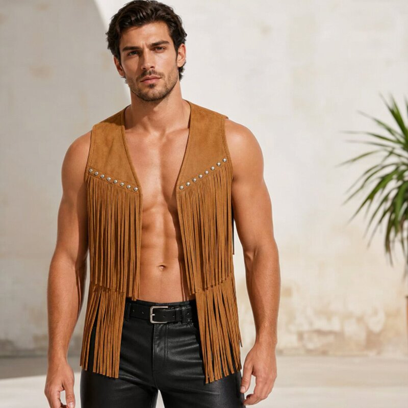 Western Cowboy Fringed Vest Men's American Retro Hippie Suede Cardigan Stage Performance Costume Western Cowboy Fringed Vest Men's American Retro Hippie Suede Cardigan Stage Performance Costume
