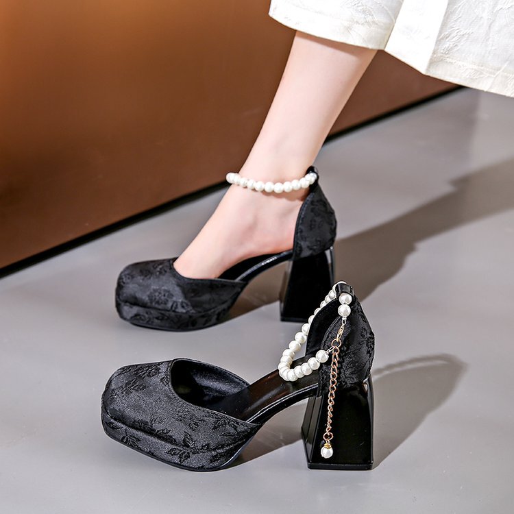 35-44 Large Size Women's Shoes 41 Retro Pearl Chain Closed-Toe Sandals Women's 43 Chinese Style Chunky High Heel Mary Jane Shoes