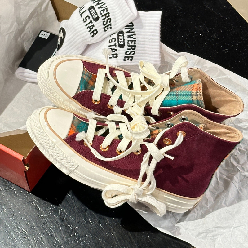 1970S Blue Woolen Plaid Patchwork Scottish Style Men's and Women's High-Top Casual Shoes A12452C A12453C