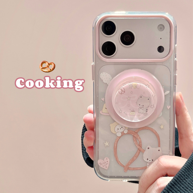 Cooking Suitable for Iphone17Promax Mobile Phone Case Super Cute Cat Apple 15 Magnetic Stand 16 New Model 13Pro Transparent Case 14Pro Cartoon Mobile Phone Case 17Pro Double Layer Case