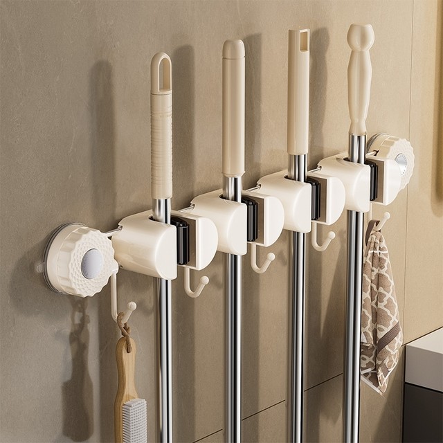 Japanese Imported Suction Cup Mop Holder, Wall-Mounted Mop Clip, Multifunctional Sliding Broom Hook, Bathroom Storage Rack
