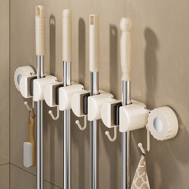Japanese Imported Suction Cup Mop Holder, Wall-Mounted Mop Clip, Multifunctional Sliding Broom Hook, Bathroom Storage Rack