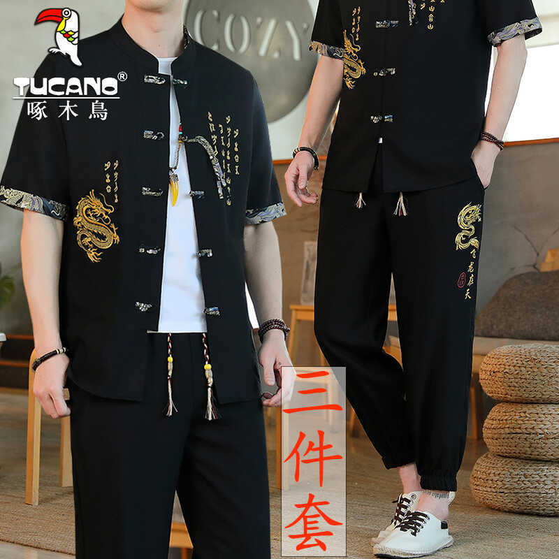Woodpecker Summer Chinese Style Suit Men's Casual Short Sleeve T-Shirt National Trend Men's Clothing Cardigan Large Size Tang Suit T-Shirt