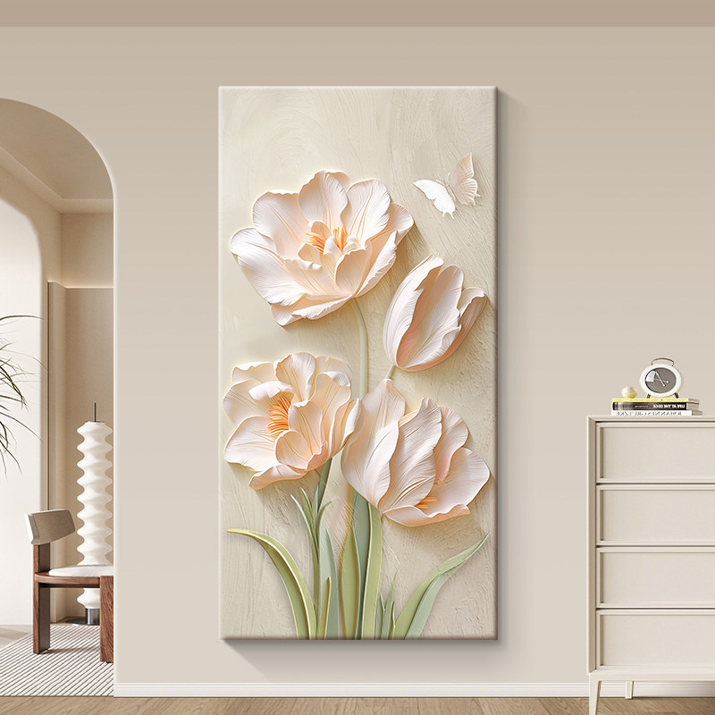 Creamy Pink Floral Entranceway Decorative Painting, Tulip Corridor Oil Painting, Vertical Version, Living Room Background Wall Hanging Painting