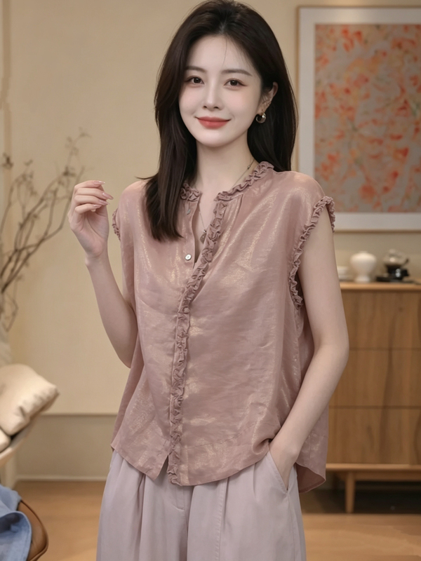 26 New Summer Style Light and Mature Style Thin Ruffled Sleeveless Shirt for Women, Korean Version, Fashionable and Versatile, Slimming Tank Top 26 New Summer Style Light and Mature Style Thin Ruffled Sleeveless Shirt for Women, Korean Version, Fashionable and Versatile, Slimming Tank Top