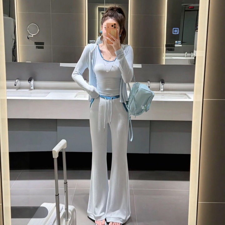 Casual Sporty Loungewear Set for Women 2026 Spring/Summer Long Wide-Leg Pants Home Wear Age-Reducing Complexion-Enhancing Three-Piece Set