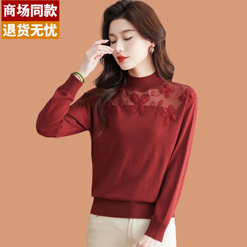 Women's Thin Wool Sweater with Half-High Collar, 2025 New Style, High-End and Stylish, Popular Lace Inner Layer Base Shirt