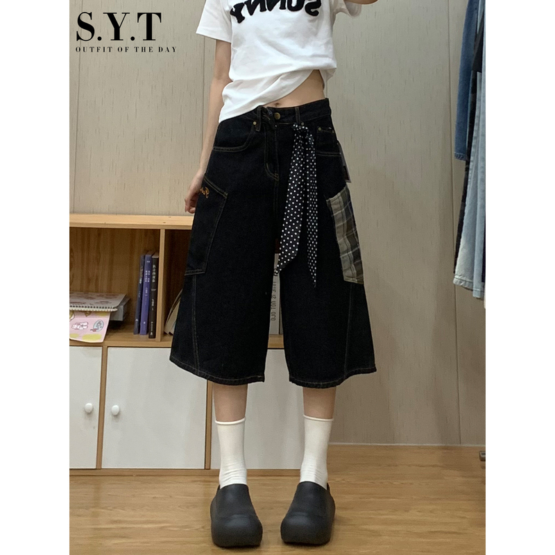 American-Style Plaid Denim Cropped Pants for Women, Summer New High-Waisted Wide-Leg Straight Slimming Casual Shorts for Petite Figures