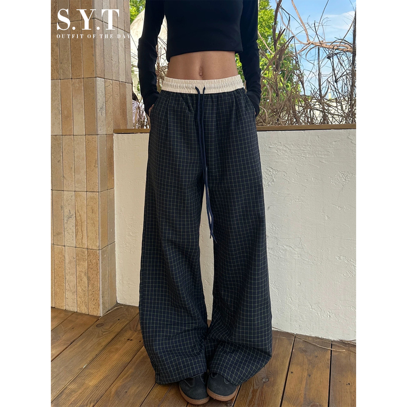 American Retro Plaid Casual Pants for Women, Summer Thin Loose High-Waisted Drawstring Straight-Leg Lazy Wide-Leg Sports Sweatpants