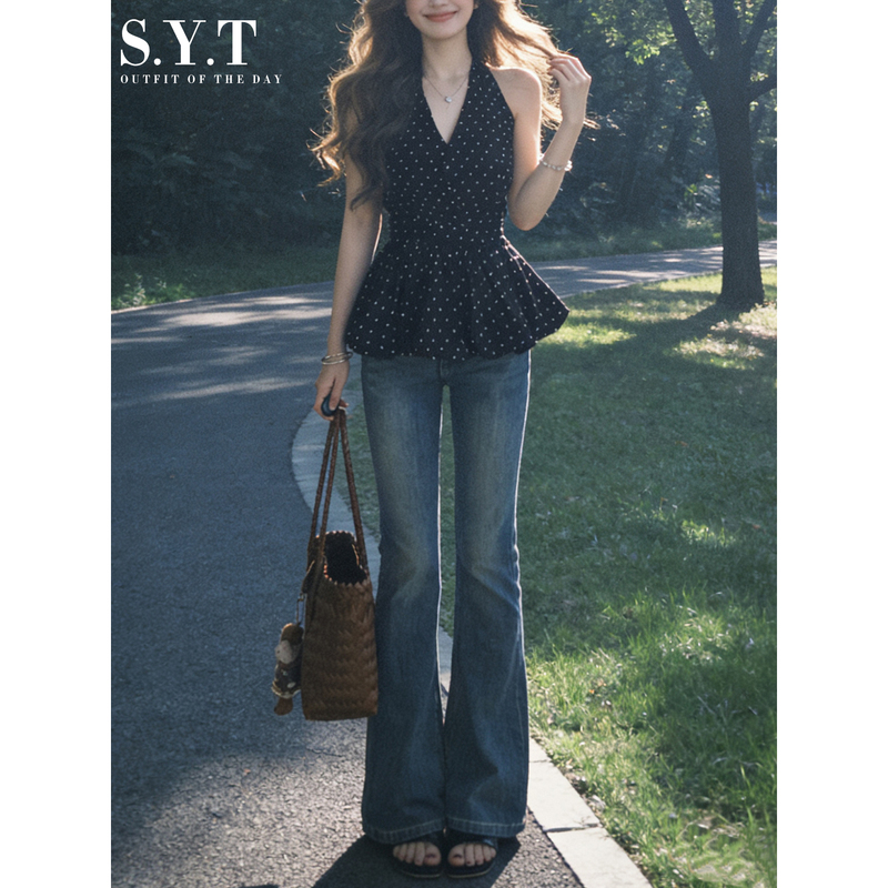 Syt Retro Blue Flared Jeans for Women 2026 Autumn New Elastic Slimming High-Waisted Petite Flared Pants