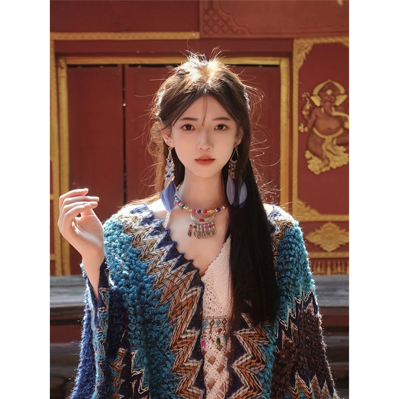 Bohemian Ethnic Style Knitted Cape Shawl for Women, Spring and Autumn Design, Outerwear Sweater Cardigan Top