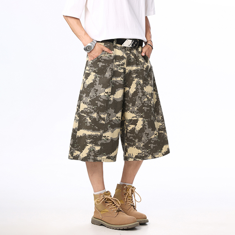 American-Style Multi-Pocket Camouflage Workwear Denim Shorts for Men and Women, Summer Trendy Brand Couple Loose Casual Wide-Leg Cropped Pants