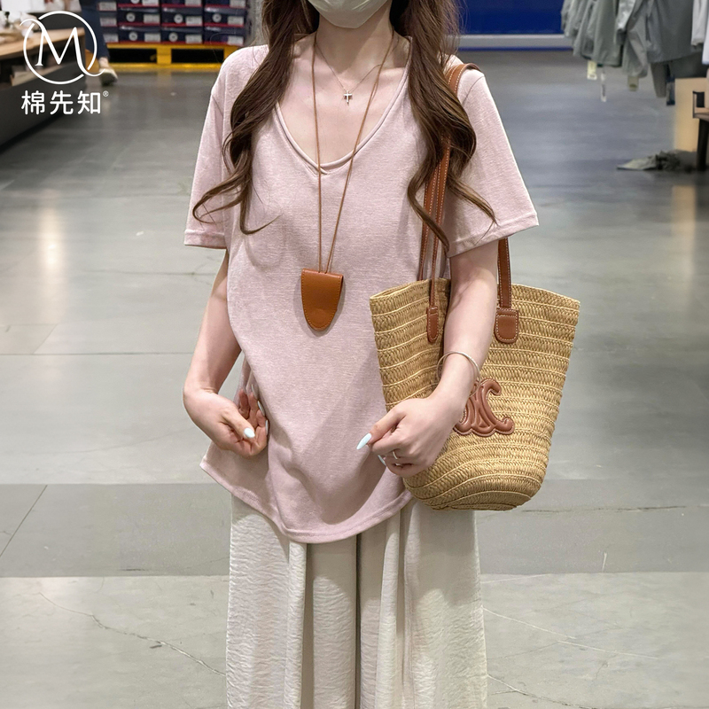 Summer Short-Sleeved T-Shirt for Women, Loose and Relaxed Style for Early Autumn, Straight Shoulder V-Neck Slimming Pink Cotton-Linen Top