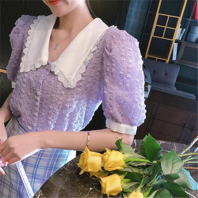 Brand Discount Retro Puff Fairy Short-Sleeve New Style Doll-Style Trendy Women's Purple 2026 Collar Chiffon Shirt Small
