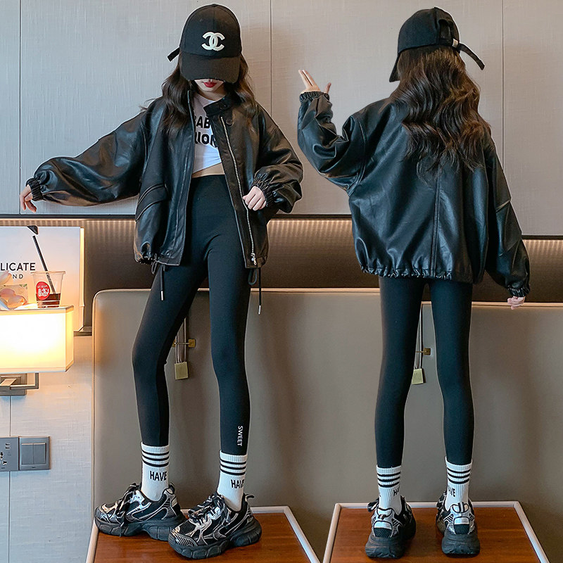 Girl Autumn Clothing Leather Coat Jacket 2023 New CUHK Girl Personality Trend Locomotive Leather Clothes Autumn Clothing Children Jacket-Taobao